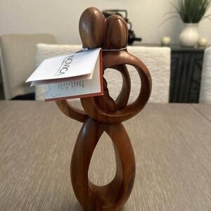 Hand-Carved Suar Wood Parents and Newborn Family Sculpture, "Infant Love"